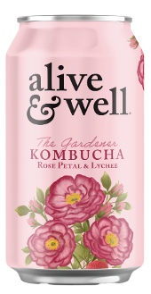 Organic Rose Petal and Lychee Kombucha by Alive & Well Kombucha in a can, featuring a pink floral design on the label.
