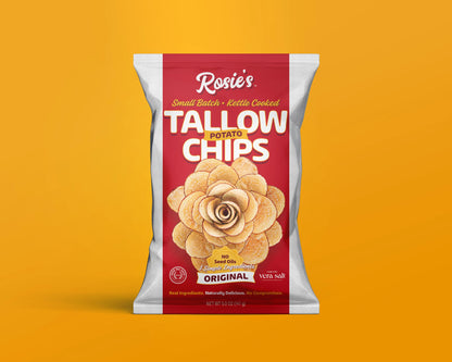 Bowl of crispy Rosie's Chips potato chips with ridged texture, golden color, and scattered chips on a neutral background.