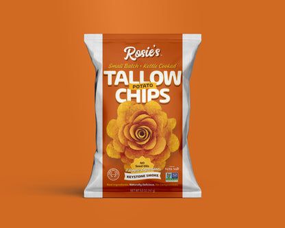 Cracker-style potato chips from Rosie's Chips with a smoky Keystone flavor, golden and crispy in a close-up shot.