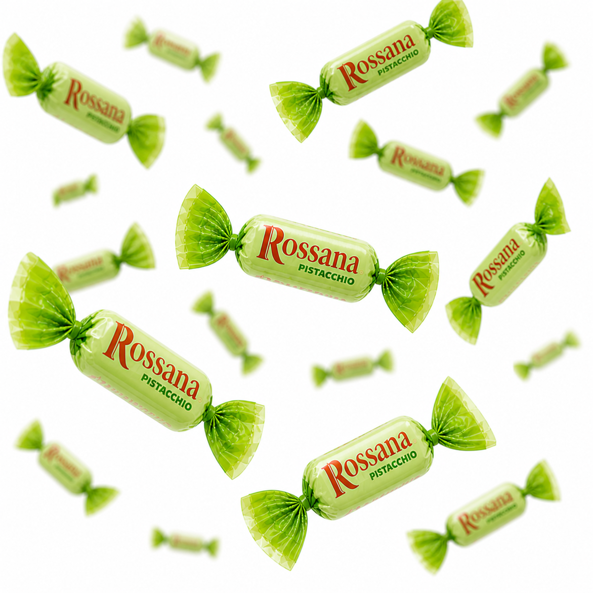 Rossana pistachio cream-filled hard candies in a bulk value bag, showing colorful candies with green and brown pistachio filling.