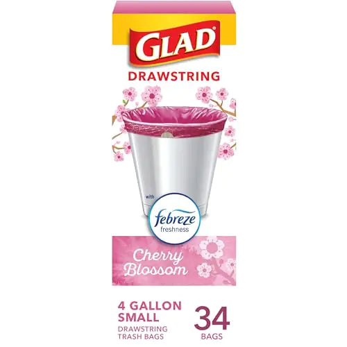Glad Odorshield Small Drawstring Trash Bags 4 Gal Pink Cherry Blossom 34 Ct Pack May Vary