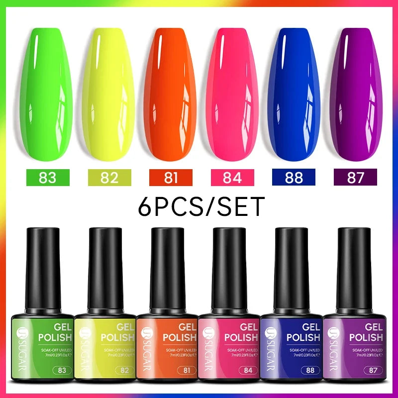 Blushimmer UR SUGAR 7ml gel nail polish set with nude, pink, red, and glitter shades for manicure and semi-permanent UV gel nails