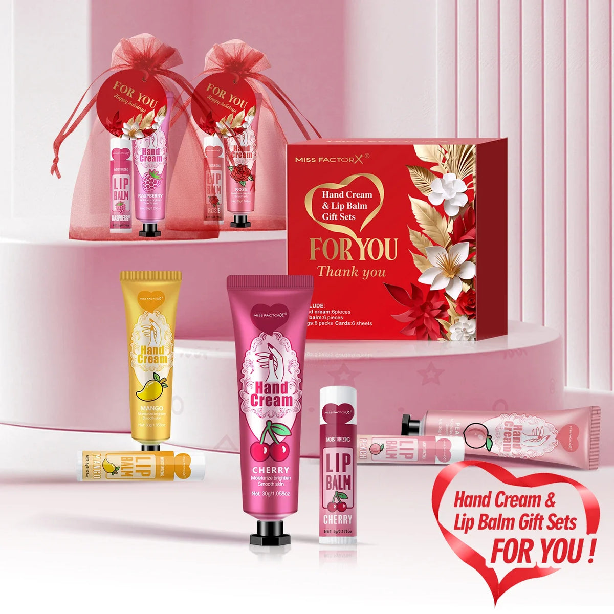 Set of 24 Blushimmer lip balms, hand creams, thank you cards, and red gauze bags for wedding or holiday gifts, arranged neatly.