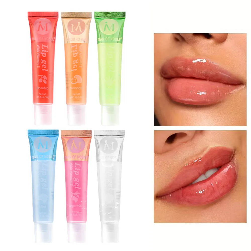 Set of 6 fruity flavor watery glossy lip glosses by Blushimmer, clear hydrating lip gels with moisturizing finish for women.
