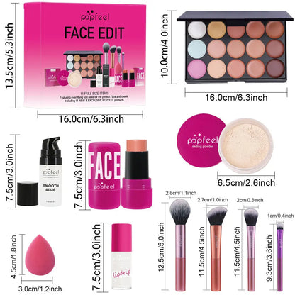 Blushimmer makeup gift set for women with eyebrow powder, lipstick, lip gloss, eye shadow palette, brushes, shimmer and glitter.