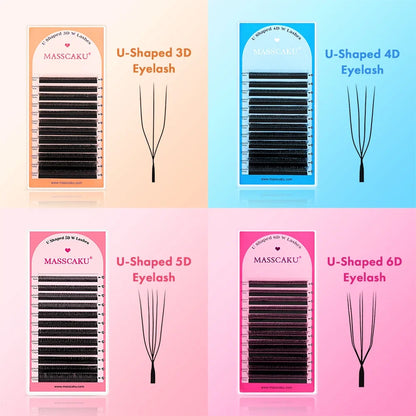 Blushimmer MASSCAKU U-shaped 3D 4D 5D eyelash extensions with C and D curls, natural mink false eyelashes on a black background.