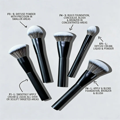 High-end 5-piece facial makeup brush set with oil-sprayed handles, including foundation, powder, blush, concealer, contour, and blending brushes.