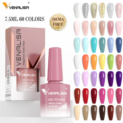 Blushimmer Venalisa HEMA TPO free glitter gel nail polish in pink nude, full coverage soak-off UV LED French manicure, shiny and glamorous.
