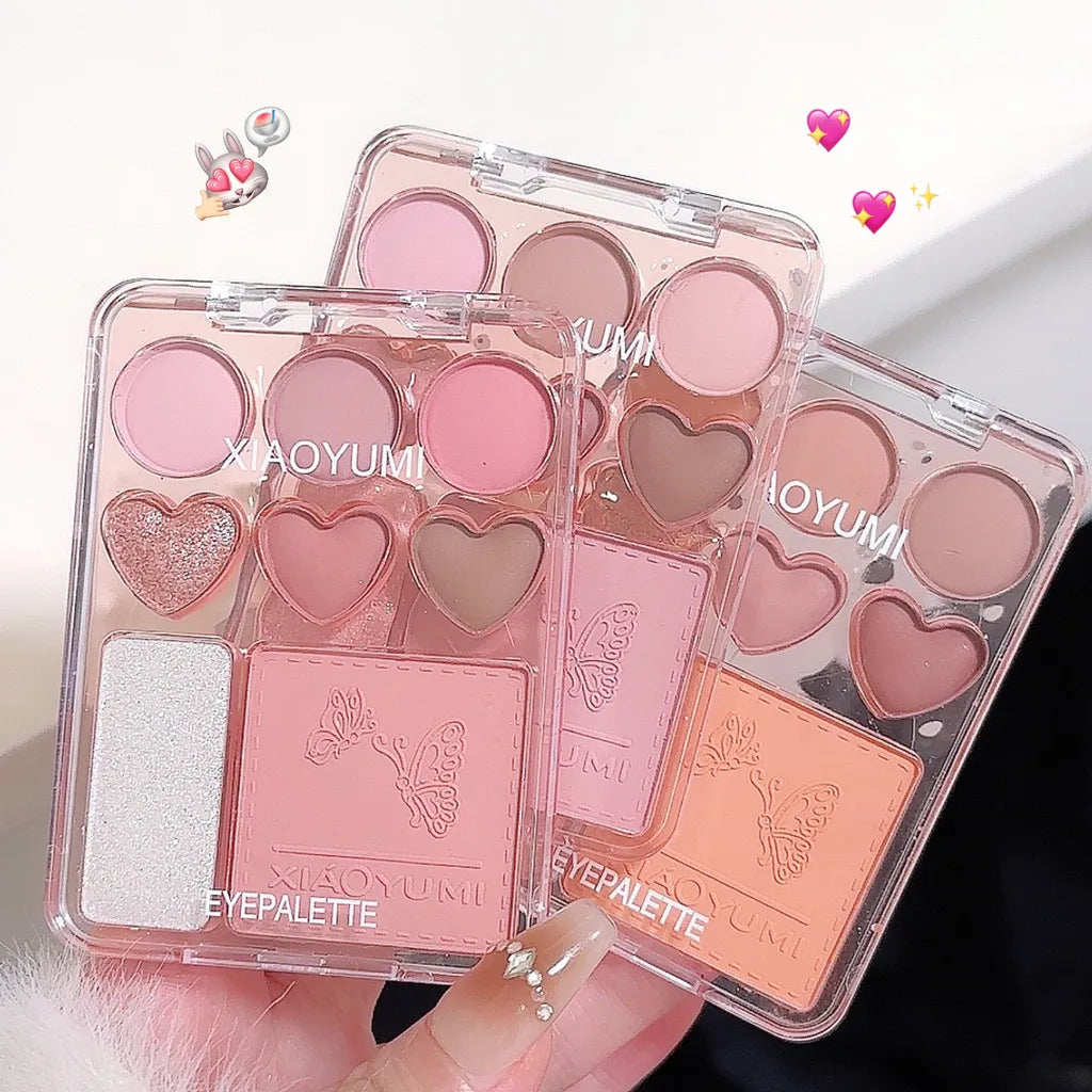 Blushimmer 8-color love eye shadow palette with natural high-light shades and long-lasting shine, includes sweetheart blush and eye shadow.
