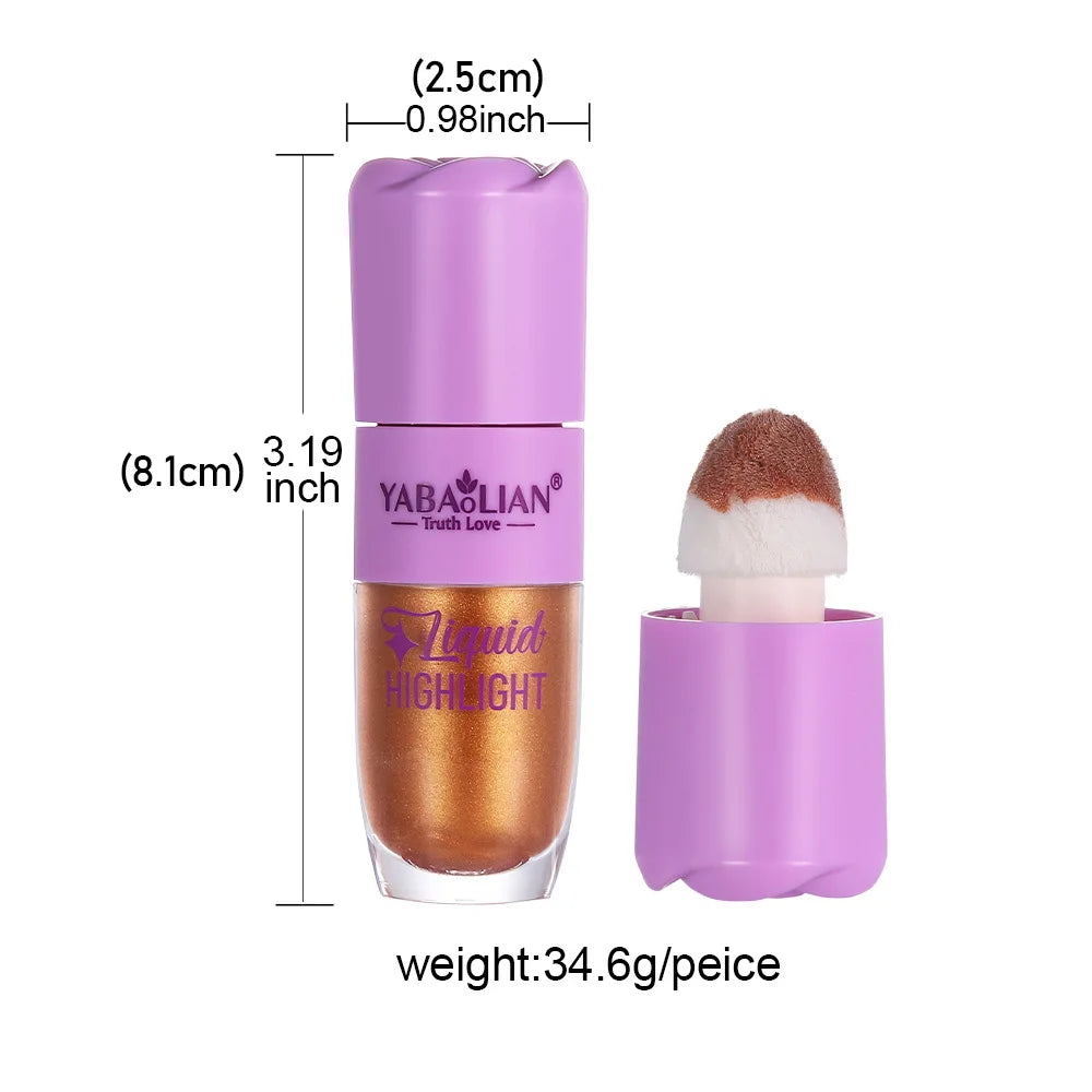 Blushimmer liquid highlighter and bronzer in three colors, highlighting face with shimmer and contouring for a radiant makeup look