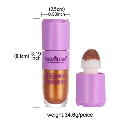 Blushimmer liquid highlighter and bronzer in three colors, highlighting face with shimmer and contouring for a radiant makeup look