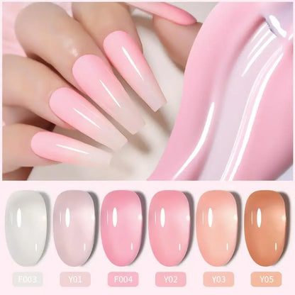 Set of six Blushimmer LILYCUTE 7ml jelly pink nude translucent gel nail polishes for semi-permanent soak-off manicure, shown in bottles.