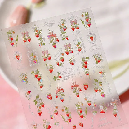 Cute red cherry bowknot 5D nail art stickers with shiny rhinestones, self-adhesive manicure decals by Blushimmer.