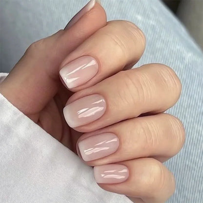 Set of 24 Blushimmer square fake nail tips with pink-white gradient French press design and jelly glue for short full cover false nails.