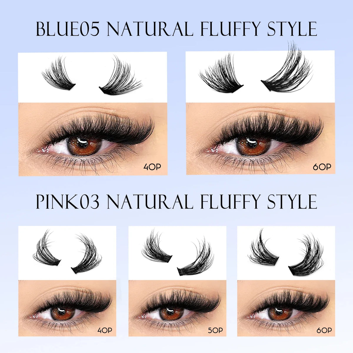 Blushimmer GROINNEYA fluffy thick DIY eyelash clusters with D/DD curl and wispy style, ideal for eyelash extension DIY application.