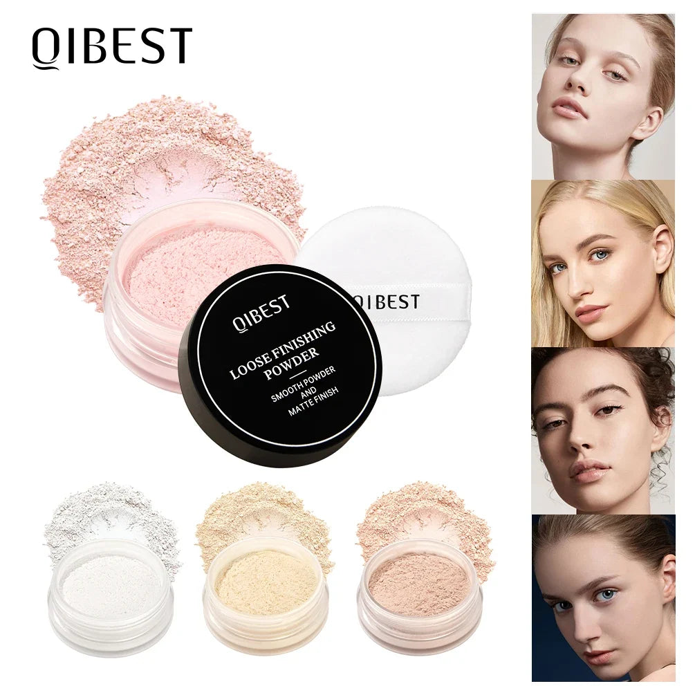 Blushimmer QIBEST loose powder compact with four shades, waterproof, oil-control, matte finish, long-lasting face makeup.