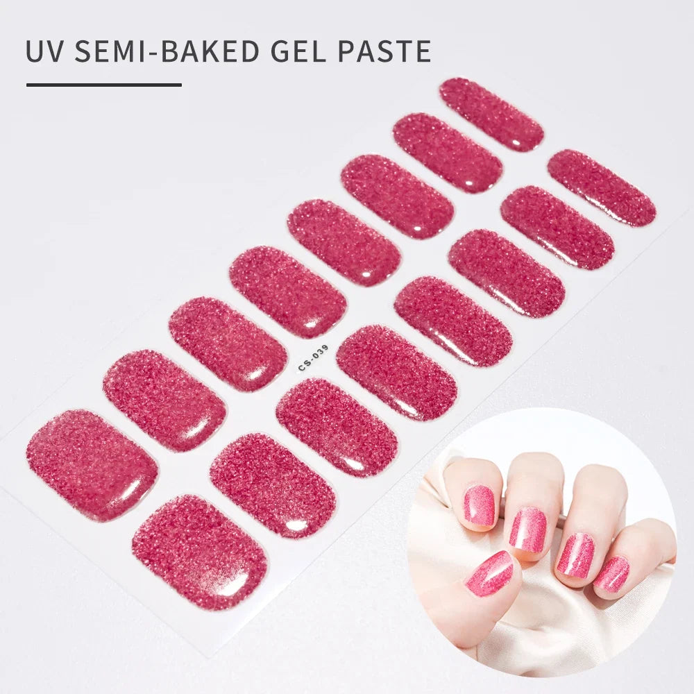 Glitter semi-cured UV gel sticker with 16 tips, 3D French gradient design, shiny glitter powder, full cover decal for nails