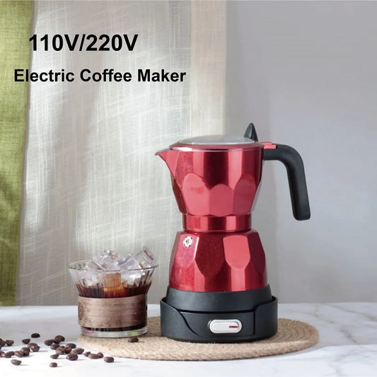 110V/220V Electric Coffee Maker Portable 150ml 3 Cups Aluminum Mocha Pot Electric Italian Coffee Maker Percolator for Home Red