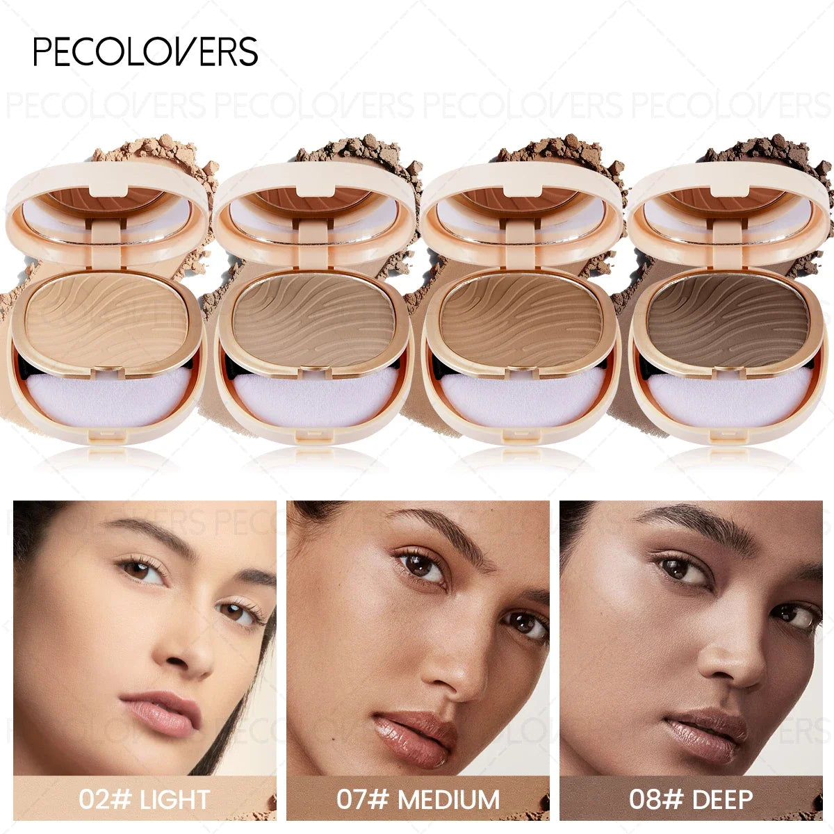 Blushimmer waterproof pressed powder foundation with matte finish, full coverage, suitable for all skin types in light to medium tone.