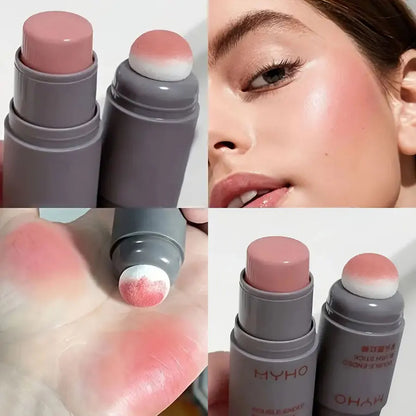 Double-ended Blushimmer blush stick with natural, long-lasting matte and creamy rouge for a monochrome makeup look.