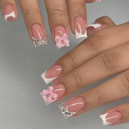 Set of 24 Blushimmer square fake nails with pink and white gradient French press design and jelly glue for short full cover false nails