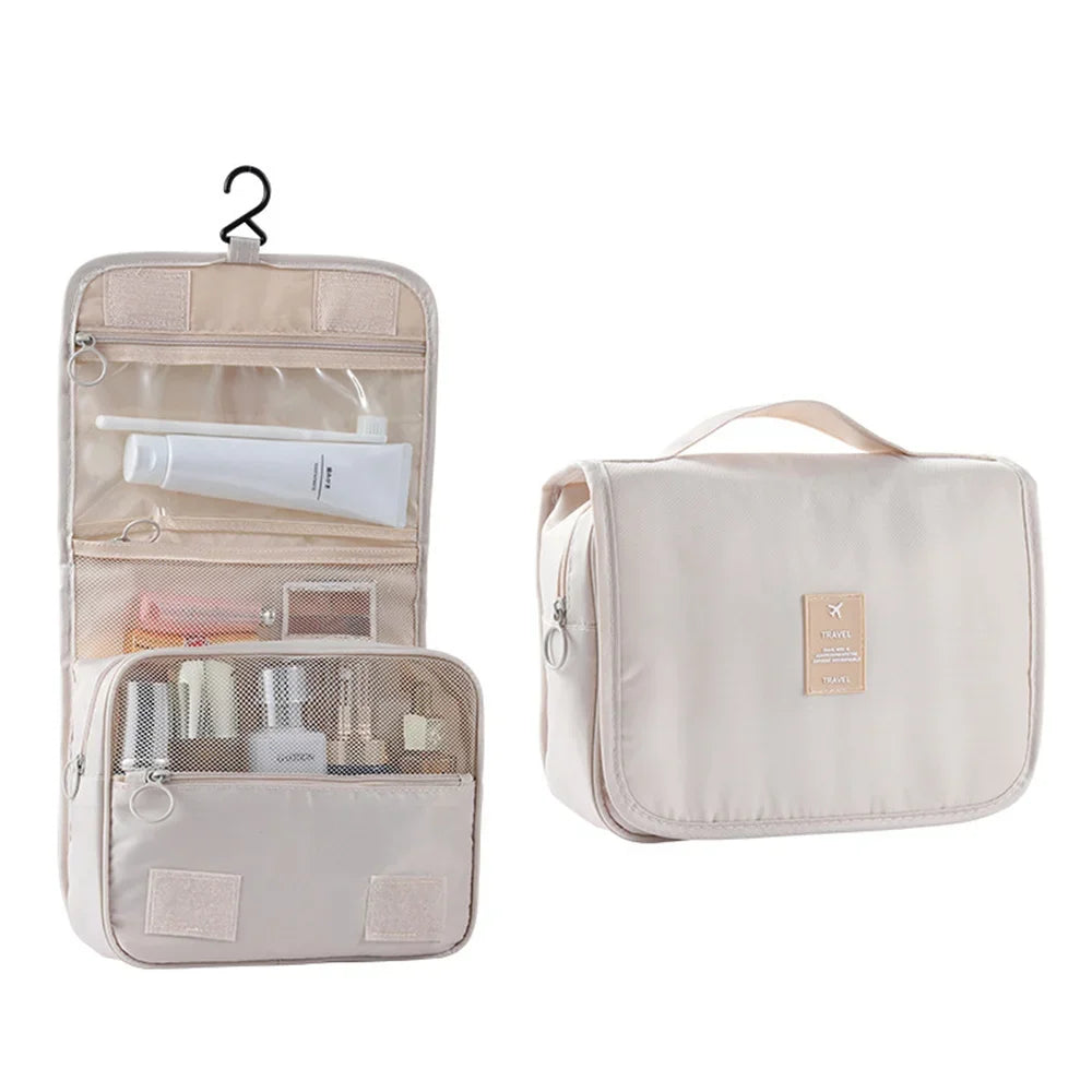 Blushimmer large capacity travel cosmetic bag with hanging hook, waterproof toiletry washbag, ideal for female bathroom storage and makeup.