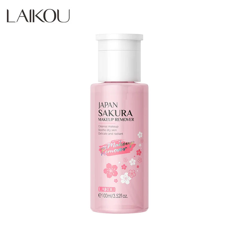 Blushimmer LAIKOU portable makeup remover bottle with cleansing liquid for eyes lips and face, 100ml, gentle skincare travel size.
