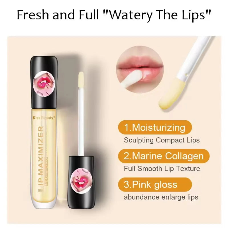 Blushimmer lip plumper serum and gloss with moisturizing, brightening, and elasticity-boosting effects, displayed in a sleek tube.