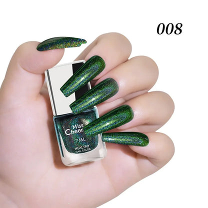 Rainbow Sparkle holographic nail polish by Blushimmer in a 7ml bottle, featuring multichrome laser glitter for vibrant nail art.