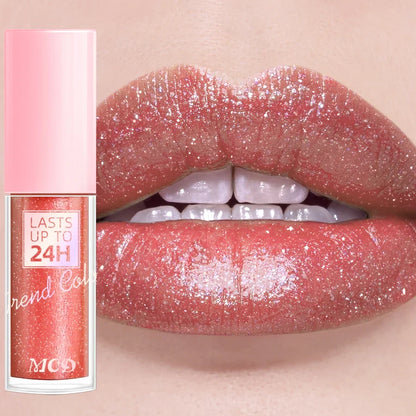 Blushimmer 18-color glitter lip gloss with long-lasting, waterproof liquid lipstick, moisturizing lip oil, and lip tint in a sleek tube