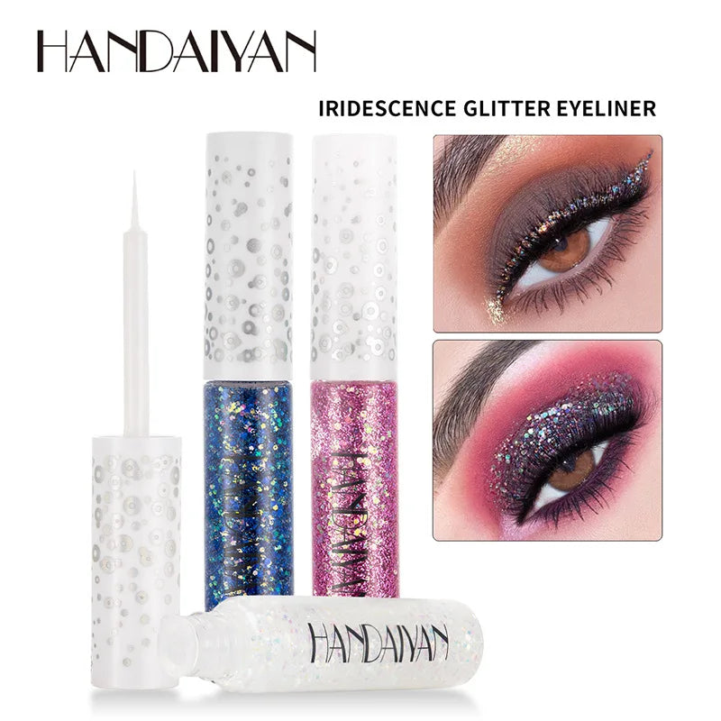 Shiny liquid eyeliner in silver, rose gold, and metallic colors with glitter, from Blushimmer, for vibrant eye makeup.