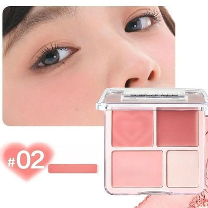 Blushimmer 4-color blush highlighter palette with matte, brightening shades, including blush, contour, and highlighter for Korean makeup.