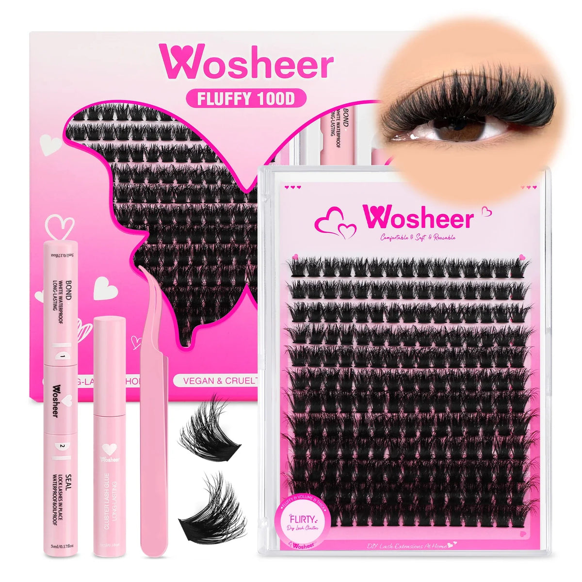 Blushimmer WOSHEER eyelash clusters kit with faux mink lashes, lash bond, seal, and remover for DIY eyelash extensions.