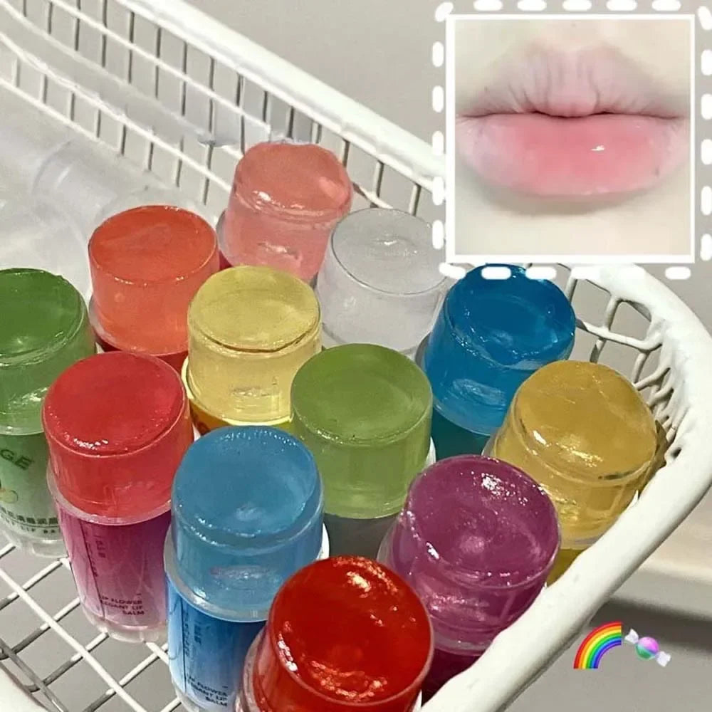 Transparent coconut lip balm by Blushimmer with moisturizing jelly texture, smooth finish, and subtle shine for hydrated lips.