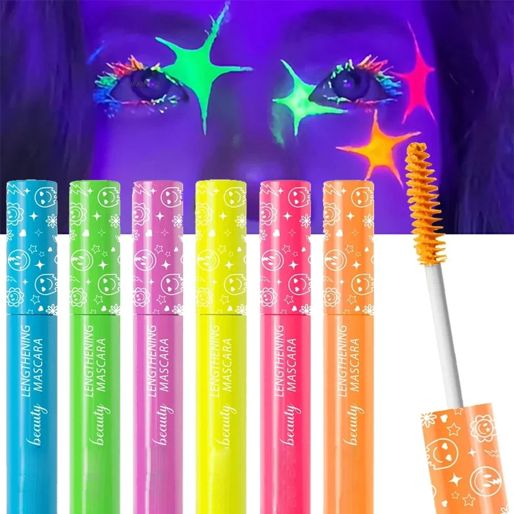 Blushimmer 6-color neon waterproof mascara with luminous pigments, quick-drying, non-caking eyelash extension makeup.