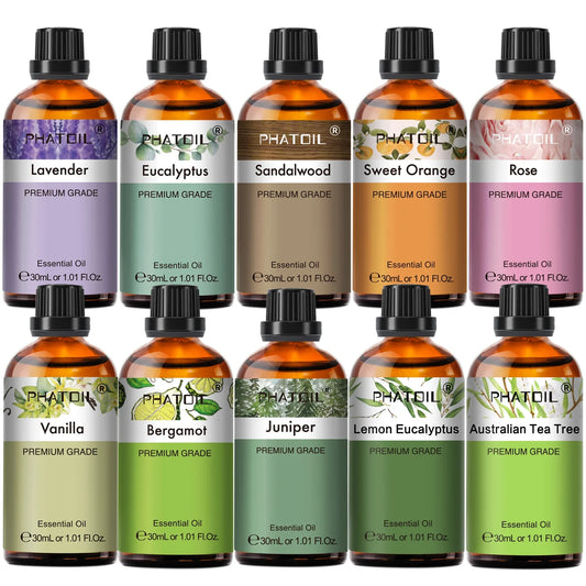 Blushimmer PHATOIL 30ml aromatherapy essential oil bottle featuring lemon, eucalyptus, lavender, bergamot, jasmine, juniper, rose, and vanilla scents