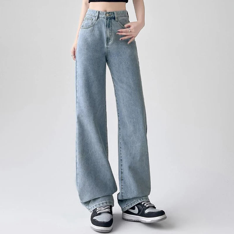 Lady Classic Daily High Waist Jeans Female Korean Solid Thin Pants Women Fashion Baggy Straight Leg Denim Trousers