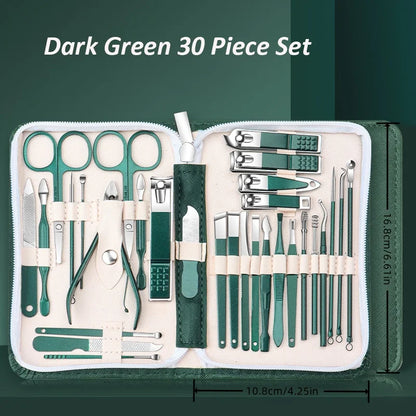 Portable Blushimmer stainless steel manicure set with nail clippers, scissors, and trimming tools for finger and toe nail care.