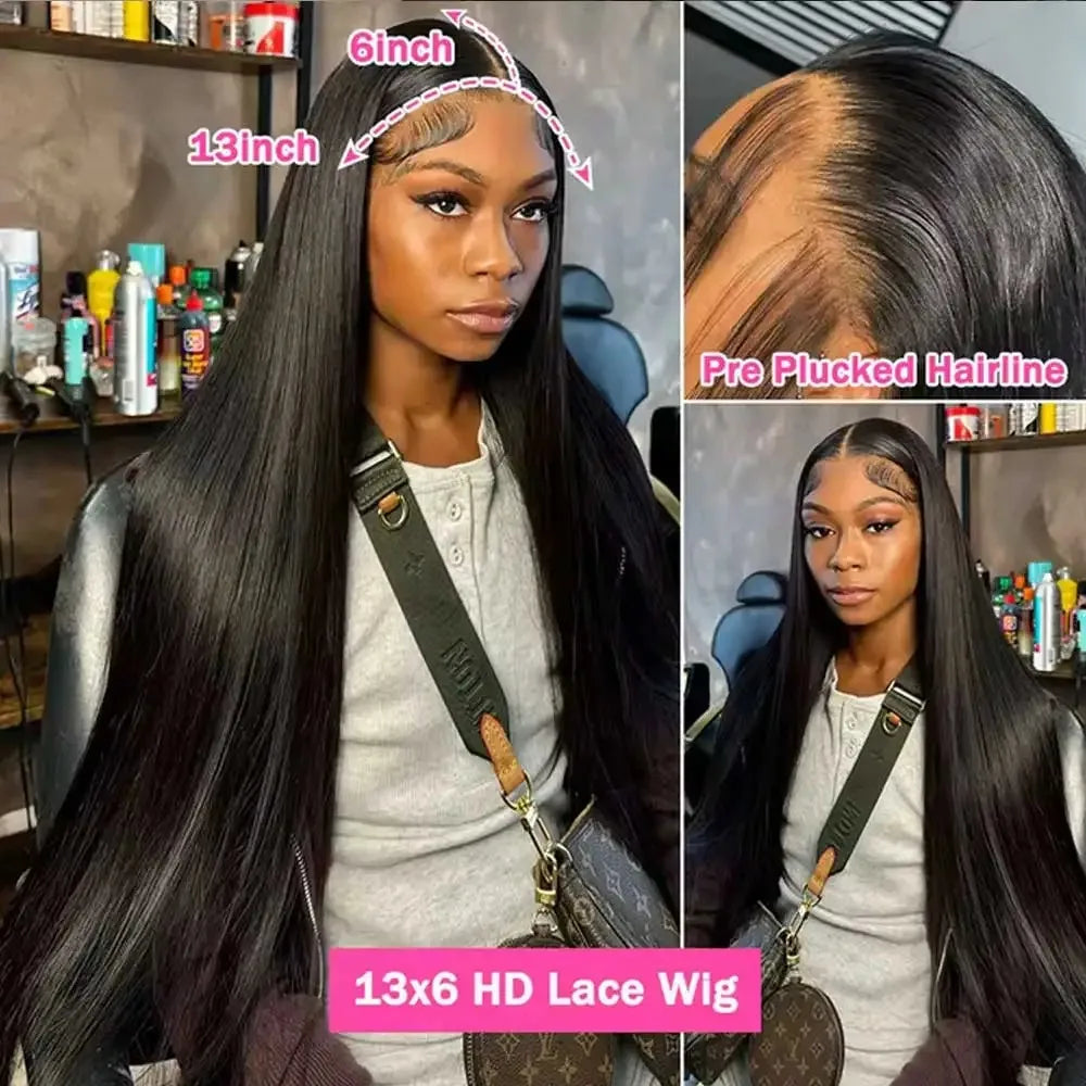 Selvanelle 38-inch straight human hair lace front wig with HD lace, pre-plucked, glueless, bone-straight, 13x6 frontal, for women