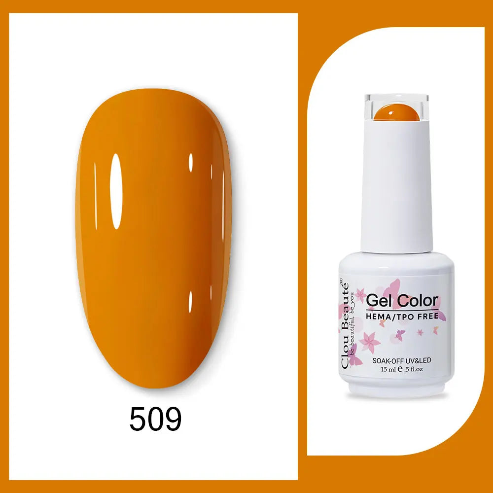 Blushimmer Clou Beaute 15ml gel nail polish with red, black, white, green neon colors and velvet top coat on a nail display