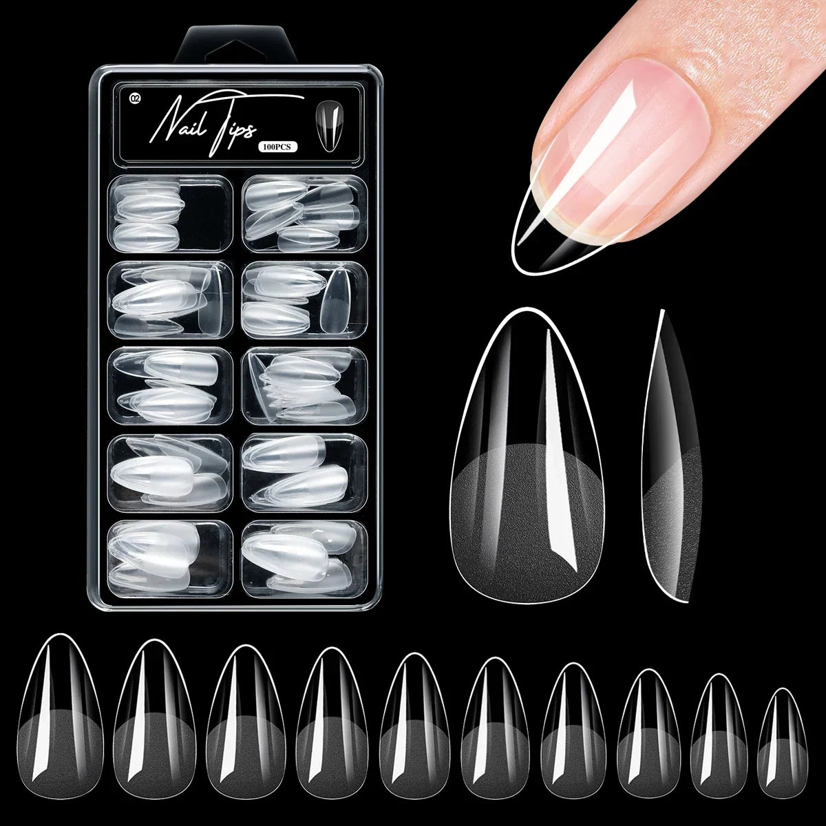 Set of 100/600 short almond-shaped soft gel full cover false nail tips by Blushimmer, perfect for acrylic or press-on nails.