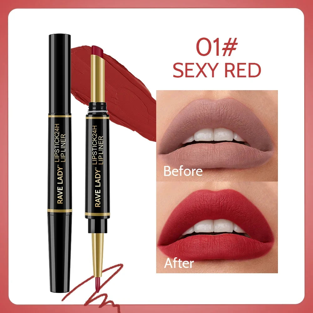 Blushimmer Rave Lady 2-in-1 matte lipstick and lipliner pencil in sexy red, waterproof and long-lasting, with six vibrant color options.
