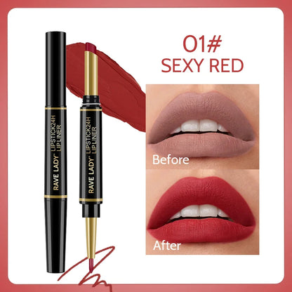 Blushimmer Rave Lady 2-in-1 matte lipstick and lipliner pencil in sexy red, waterproof and long-lasting, with six vibrant color options.