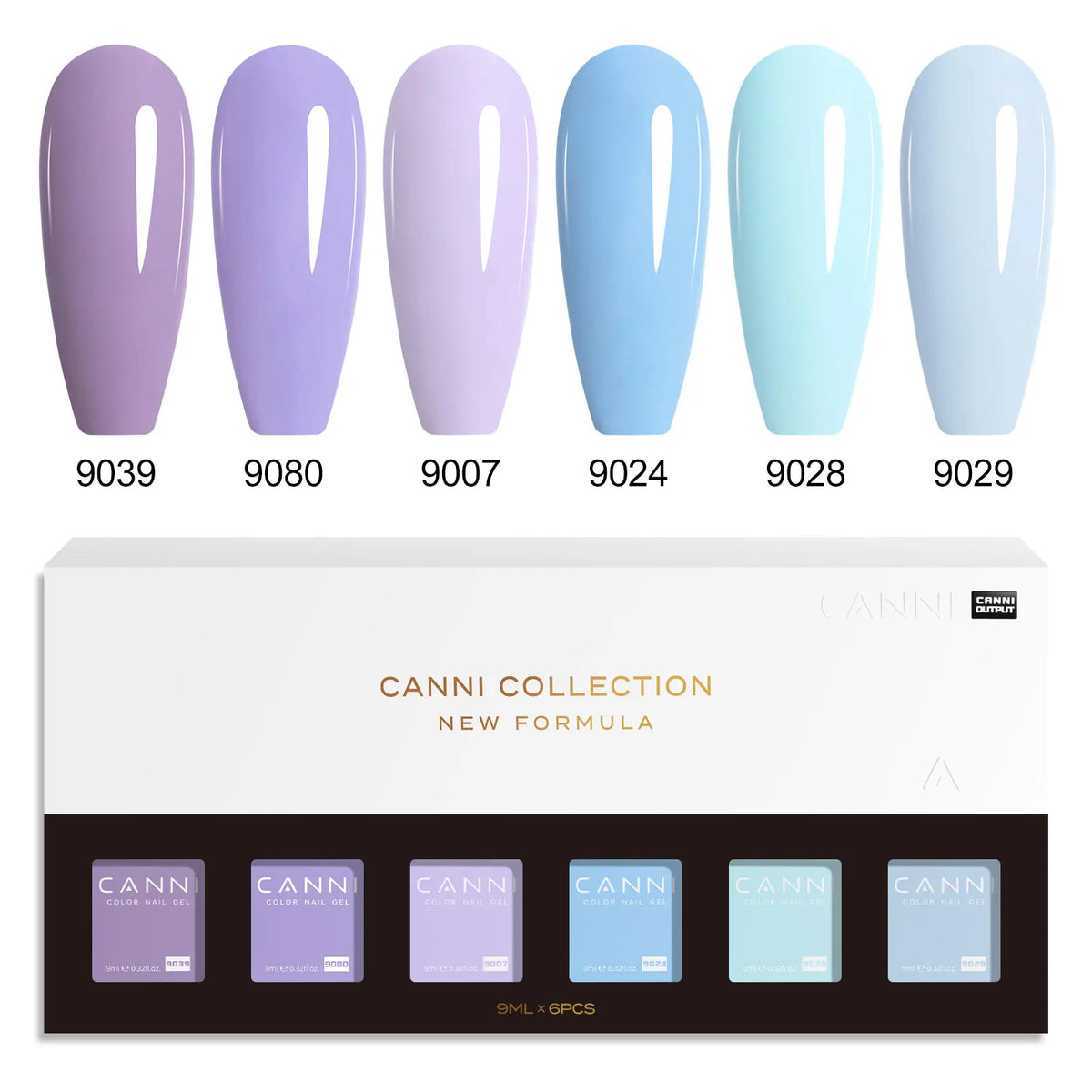 Blushimmer 6-pack 9ml CANNI HEMA FREE nail gel polish set with vibrant semi-permanent colors for UV and LED gel nail art.