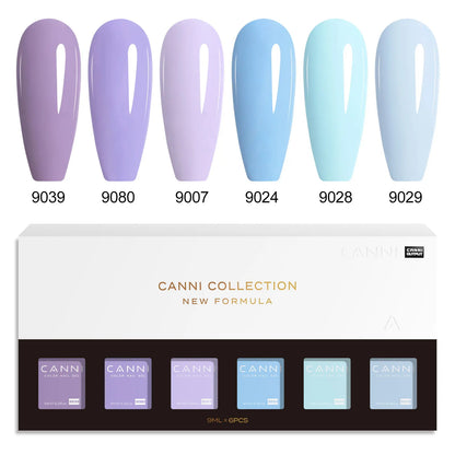 Blushimmer 6-pack 9ml CANNI HEMA FREE nail gel polish set with vibrant semi-permanent colors for UV and LED gel nail art.