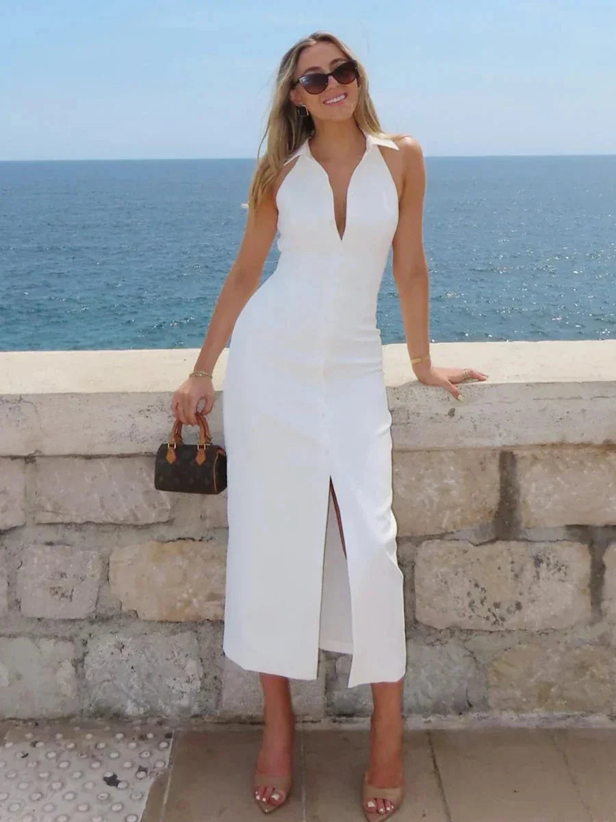 Luxlife Brands Sasha Summer Slim Fit Maxi Dress, lightweight fabric, sleeveless design, and flowing silhouette for warm weather.