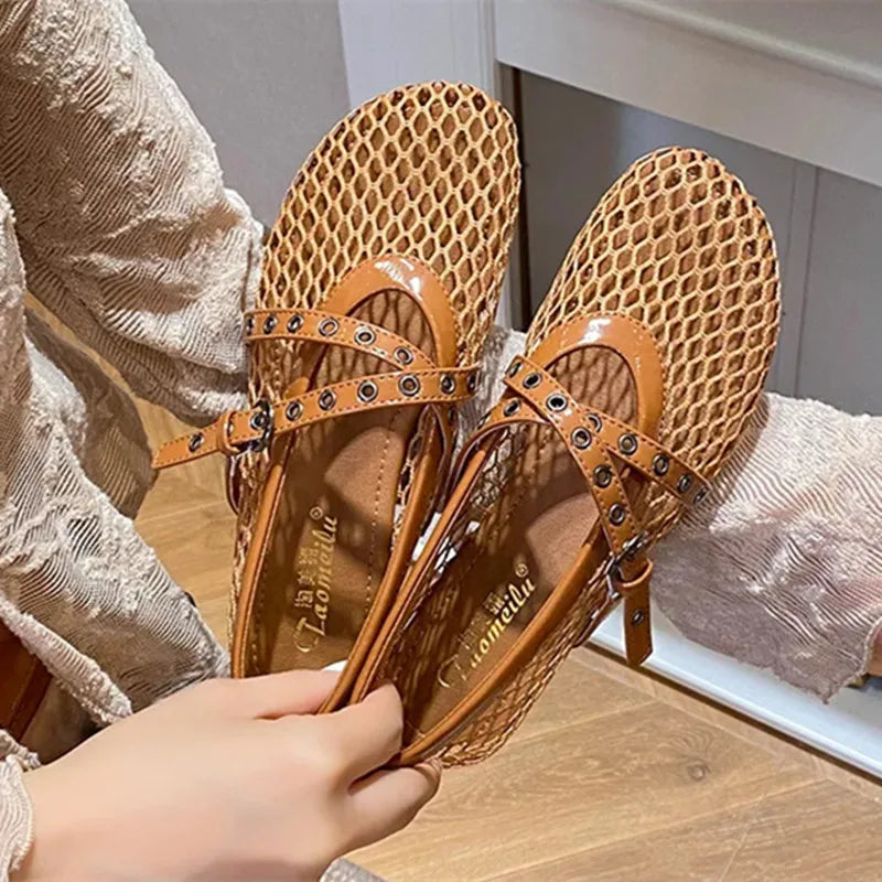 Mesh Brand Ballet Flats Women Rivet Belt Buckle Fashion Sandals Ladies Comfort Hollow Designer Breathable Mary Jane Shoes Woman