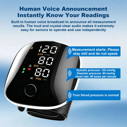 Digital NAIL Store blood pressure monitor with LED display, wrist cuff, voice broadcast, and portable storage case.