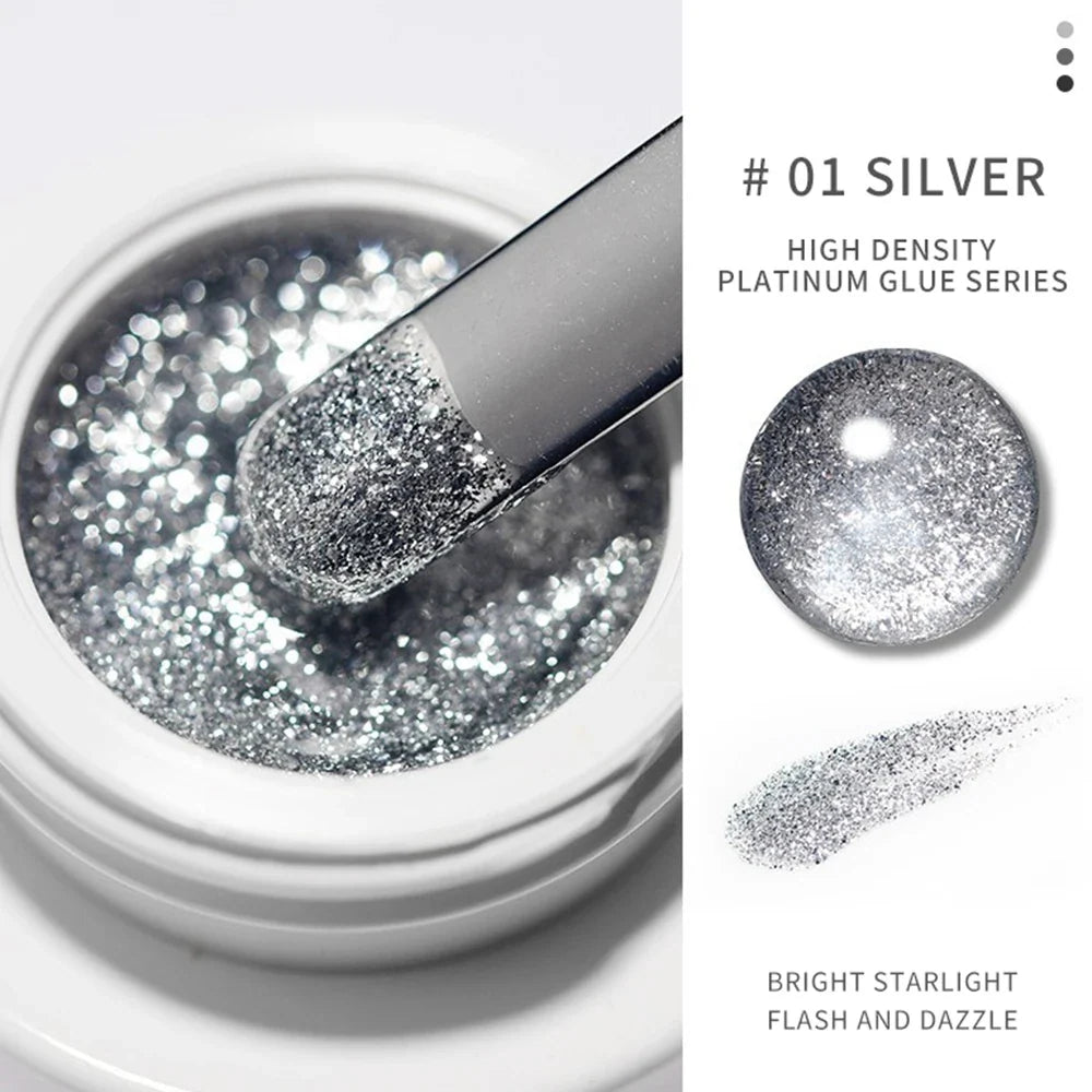 Silver and gold metallic nail gel with UV glitter, reflective finish, for professional nail art by Blushimmer.