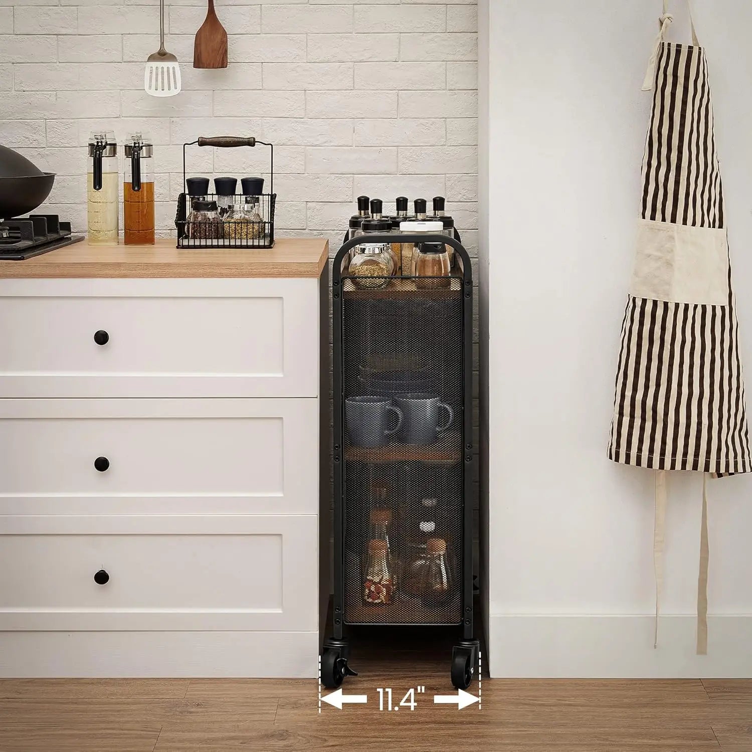 3-Tier Slim Rolling Cart with Wheels, Adjustable Feet, Steel Frame for Kitchen and Laundry Room in Rustic Brown